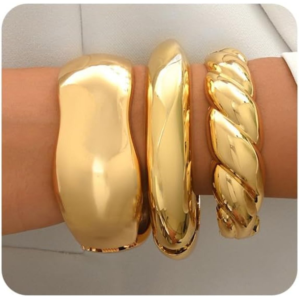 3pcs Chunky Gold Bangle Bracelets For Women Trendy Wide Wrist Cuff Bracelets Sta